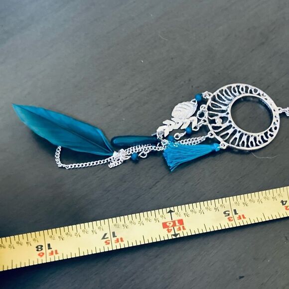 Silver Turquoise Blue Boho Feather Long Silver Necklace - Picture 5 of 5